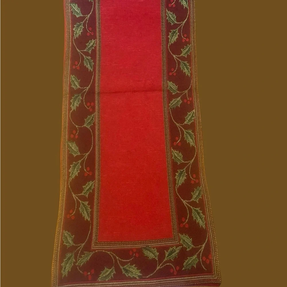 Textured woven Festive Red Table Runner with Holly Design